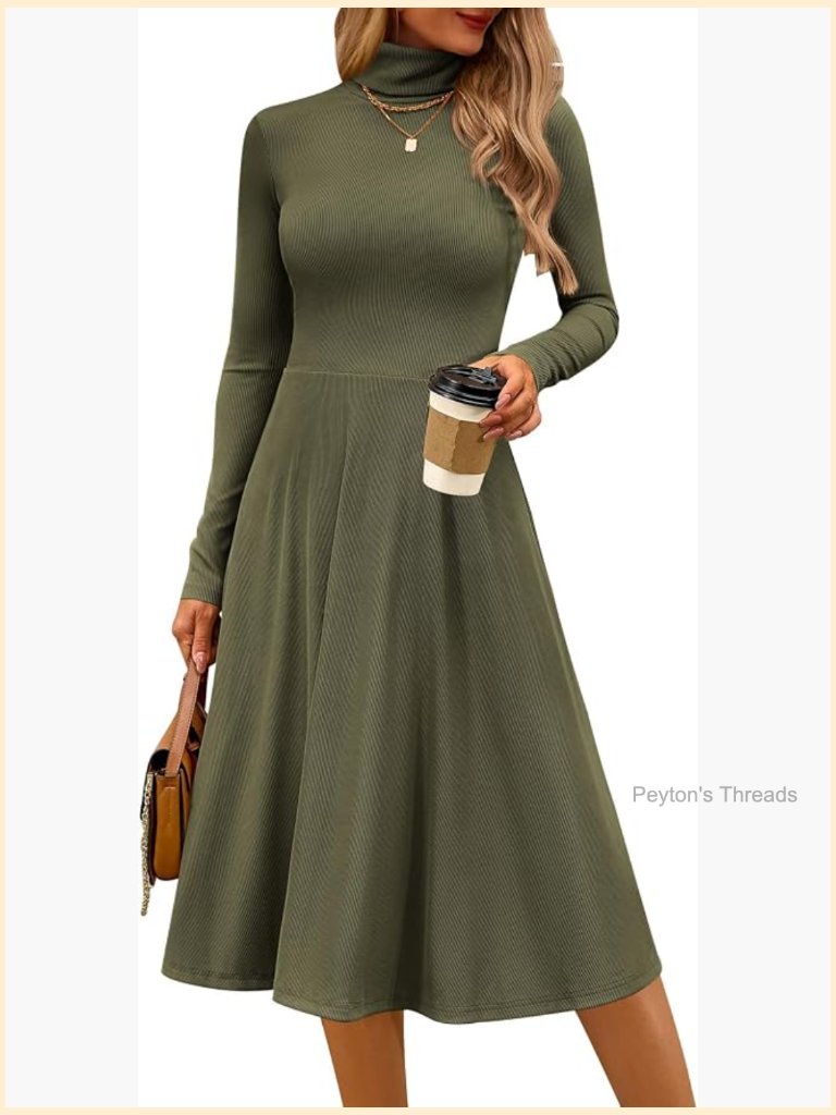 Women's Ribbed Knit High Neck Long Sleeve A-Line Midi Dress Fall